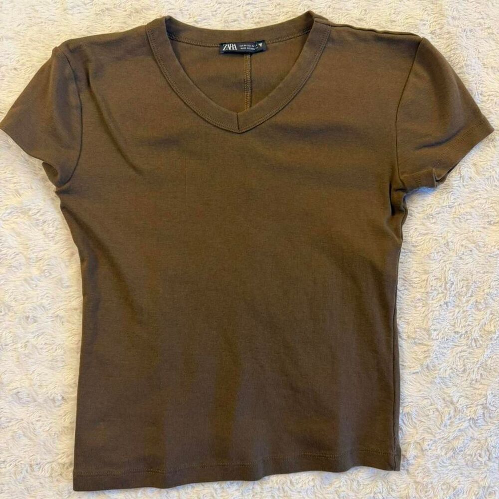 Zara Women's Brown and Khaki T-shirt M